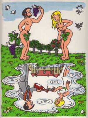 Adam And Eve Porn Comic - Wine Drinkers as Nude Adam and Eve. Menu cover for the ConfrÃ©rie des  Chevaliers du Tastevin | Jean Effel, ConfrÃ©rie des Chevaliers du Tastevin