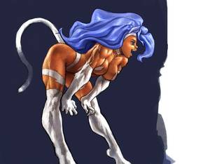 felicia anime hentai - animal ears bent over big hair blue eyes blue hair breasts cat ears cat  tail dark skin fangs felicia fur hairband highres huge ahoge long hair  muscle open ...