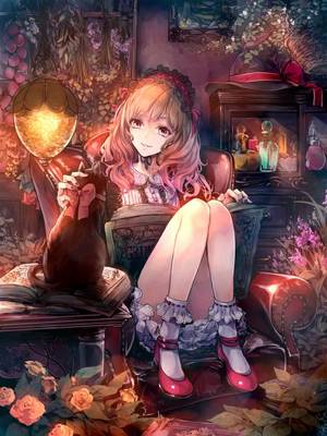 anime sitting upskirt - Anime picture with original hina (xoxo) long hair single tall image blonde  hair sitting pink eyes light smile girl bow flower (flowers) plant (plants)  ...