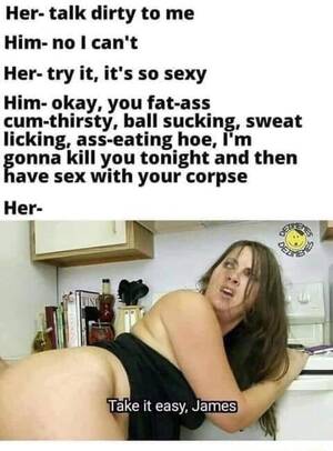 fat porn memes - Her- talk dirty to me Him- no I can't Her- try it. it's so sexy Him- okay,  you fat-ass cum-thirsty. ball sucking. sweat licking, ass-eating hoe, I'm  gonna kill you tonight and