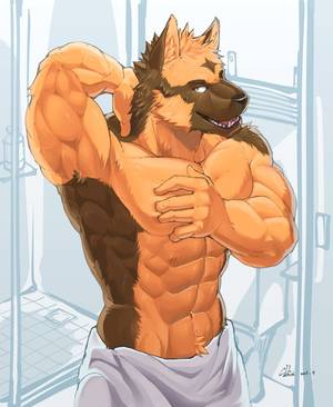 German Shepherd Anthro Porn - e926 abs anthro bathroom biceps big_muscles black_nose brown_eyes brown_fur  canine canyne_khai clothed clothing dog fur german_shepherd