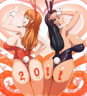 hentai nami robin forum - usatarou, nami (one piece), nico robin, one piece, 10s, 2011, 2girls,  animal ears, ass, ass-to-ass, bare legs, black hair, breasts, brown eyes,  fake animal ears, huge breasts, long hair, multiple girls, orange