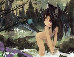 beautiful cartoon girls naked - animal_ears bare_shoulders black_hair blush_stickers cat_ears cat_tail  dark_skin fish forest loli long_hair nature nude original paprika_shikiso  red_eyes ...