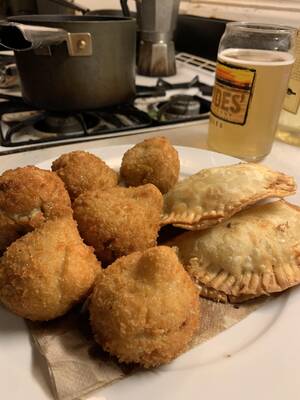 Brazilian Food Porn - Shitty Brazilian food porn. My wife grew up in Brazil and is now a pro  chef. This is our fried Brazilian feast after drinking. Pastels and  coxhinas and homemade beer I made :