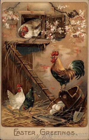 Coq Vintage Chicken Boy Porn - Rooster and Chickens in a Henhouse Vintage Easter postcard