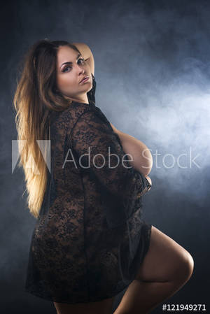 breast sizes nude - Young naked beautiful caucasian plus size model, xxl woman in black  peignoir on smoky background