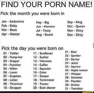 Funny Porn Star Names - FIND YOUR PORN NAME! Pick the month you were born in Jan - Seductive May -  Big Sep - King Fob - Baby Jun - Monster Oct ~ Queen - iFunny