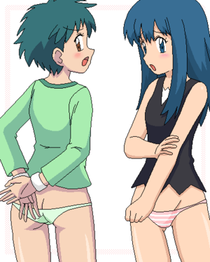 hentai green panties - Rule 34 - 2girls angie (pokemon) aoi (pokemon) (anime) ass blue eyes butt  crack crossdressing dawn (pokemon) embarrassed female green hair green  panties hikari (pokemon) kuro hopper kusakabe330 lowres multiple girls  oekaki