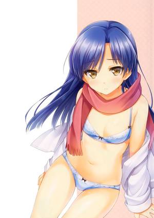 Flat Chested Anime Girl - absurdres blue bra blue hair blue panties blush bow bow panties bra breasts  brown eyes collarbone dress shirt flat chest highres idolmaster k.y ko  kisaragi ...