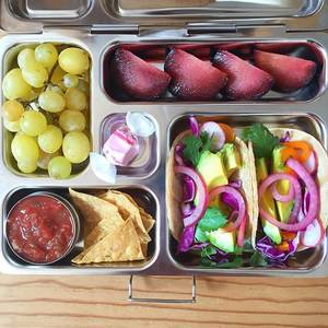 lunch - Avocado veggie tacos â€¢ Chips & salsa â€¢ Grapes â€¢ Plum â€¢ Saltwater taffy