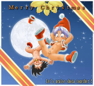 Dragon Ball Z Porn Goten And Trunks - mitsui jun, son goten, trunks (dragon ball), dragon ball, dragonball z,  2boys, bell, blush, christmas, collar, full moon, hat, looking at viewer,  male focus, merry christmas, moon, multiple boys, neck bell, nude,