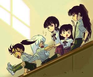 Koga Ayame Porn - Koga, InuYasha, Kikyo, Kagome, and Naraku in uniforms at a school - InuYasha;  fan art aww they're all so cute X)