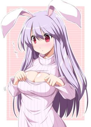 huge breast anime turtleneack - 1girl :o animal_ears blush breasts bunny_ears cleavage cleavage_cutout  female highres large_breasts long_hair nori_tamago open-