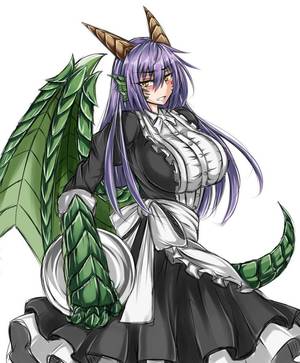 dragon girl hentai big tits - alternate costume apron blush breasts dragon dragon (monster girl  encyclopedia) dragon girl enmaided frills highres horns large breasts long  hair looking at ...