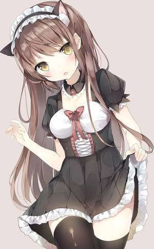 Cute Neko Sexy Maid Porn - animal ears bangs black legwear blush bow breasts brown background brown  hair cat ears corset detached collar dress fake animal ears head tilt  highres long ...