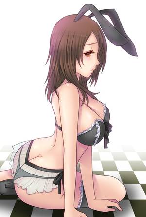 anime girl bent over swimsuit - animal_ears ass back black_bra black_panties bra breasts brown_eyes  brown_hair bunny_girl bunnysuit checkered checkered_floor fatal_frame female  high_heels ...