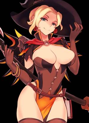 Anime Hot Solo Blonde Porn - alternate costume black background blonde hair blue eyes breasts cleavage  hat looking at viewer mercy (overwatch) overwatch sieyarelow smile solo  witch ...