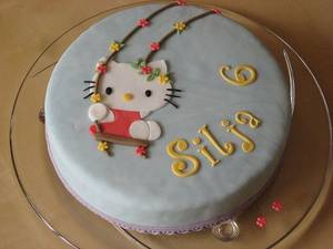 adult swinger party cakes - Modern Hello Kitty for kids_Hello Kitty on the swing cake decor.