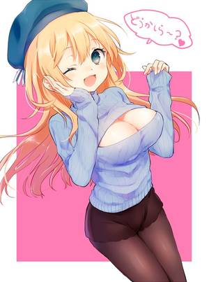 huge breast anime turtleneack - 1girl ;d alternate_costume atago_(kantai_collection) black_legwear  blonde_hair blue21 blush breasts cleavage cleavage_cutout hand_on_own_cheek