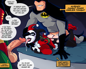 Batman Porn Robin Harly - explicit, artist:sparrow, harley quinn, robin (dc), dc, dc comics, 1girl,  2boys, 2d, ass, batman, batman (series), batman: the animated series, big  penis, bottomless, clothed sex, dcau, doggy style, female, harley quinn  (classic),