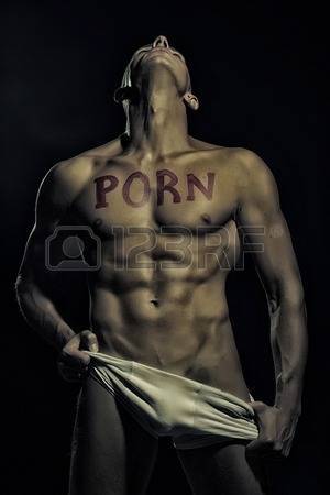 black background porn - One handsome undressed muscular man in white underwear with beautiful sexy  body with text of porn