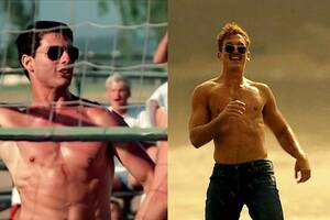 group of stars on beach porn - Top Gun's beach volleyball scene vs. Maverick's volleyball: a detailed  comparison.