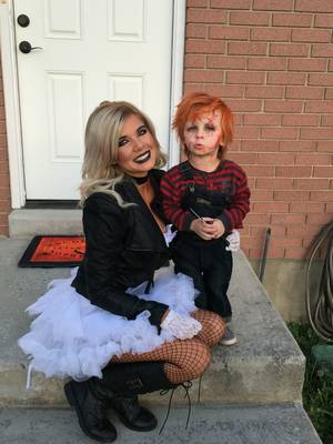 Mama Toad Porn - Mom and son costume. Cason as chucky. Melissa as the bride of chucky.  Halloween 2015