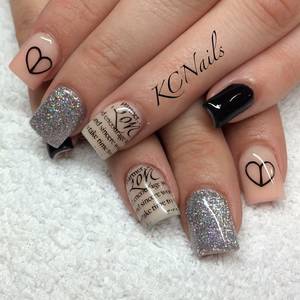 Black Stars With Nail Polish - Peach/nude, silver and black acrylic nails. Bundle monster stamped nail art.