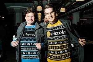 Big Time Rush Moving - Fredric Fortier wears an Ethereum sweater along with Mathieu Baril wearing  a Bitcoin sweater at the San Francisco Bitcoin Meetup Holiday Party at the  Runway ...