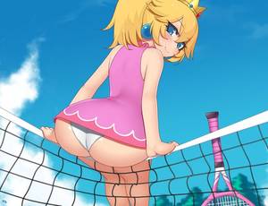 anime sitting upskirt - nintendo princess peach kuroonehalf ass back blonde blue eyes blush crown  female looking back naughty nopan racket sitting sky tennis tennis racket  upskirt ...