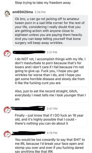 Barely Legal Girls Fucked Hard - Incel who vehemently denies being an incel says I was â€œtaking away his  freedomâ€ when I said grown, older adults should not go after â€œbarely-legalâ€  teens : r/IncelTear