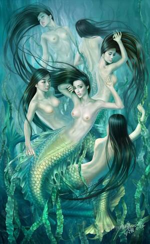 asian mermaid nude - Yuehui Tang Chinese nude Mermaid Painting in Oil for Sale