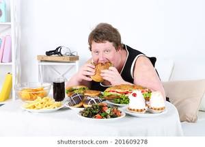 fat people eating like slobs - Fat man eating a lot of unhealthy food, on home interior background