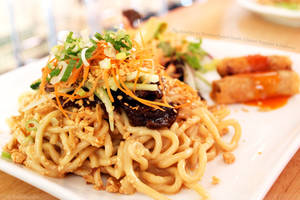 Chinese Porn Food - Egg Noodles with Sesame-Peanut Sauce, Chinese Eggplant and Cashews