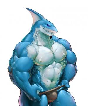 Furry Fish Porn - e621 abs anthro biceps big_muscles blue_eyes blue_skin bulge clothed  clothing collaboration fin fish grin hi_res huge_muscles