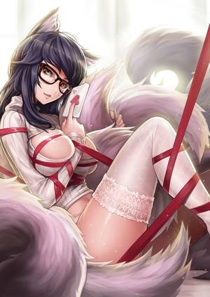 huge breast anime turtleneack - 1girl absurdres ahri alternate_costume animal_ears animal_tail bangs bdsm  bespectacled between_breasts black_hair bondage bound breast_bondage breasts  ...