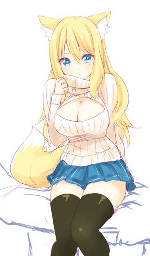 huge breast anime turtleneack - animal ears aoi (naomi) black legwear blonde hair blue eyes breasts  cleavage cleavage cutout fox ears fox tail large breasts long hair looking  at viewer ...