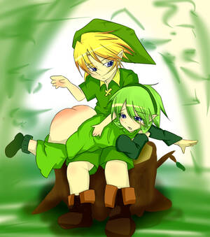 loz link spanking - link, saria (zelda), young link, nintendo, the legend of zelda, the legend  of zelda: ocarina of time, 1boy, 1girl, ass, blonde hair, blue eyes, green  hair, on lap, short hair, shota, spanked,