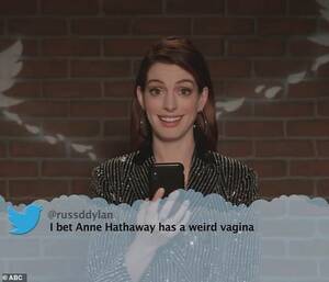 Anne Hathaway Fisting Pussy - Anne Hathaway and Dakota Johnson both laugh off VILE social media comments  for Kimmel's Mean Tweets | Daily Mail Online