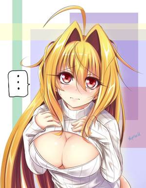 huge breast anime turtleneack - 1girl ahoge blonde_hair blush breasts cleavage cleavage_cutout embarrassed  hair_intakes highres large_breasts long_hair looking_at_viewer