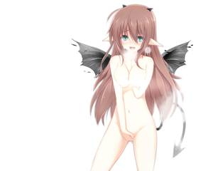 anime demon chicks nude - blush brown_hair demon fingering green_eyes long_hair masturbation navel  nude original pointed_ears pussy_juice suishin_ruki tail white wings