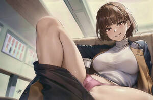 anime girls wet panties - Rule 34 - braid brown hair female kagami art looking at viewer makoto  niijima panties persona persona 5 pink panties red eyes sitting smile sweat  teasing underwear undressing wet wet clothes wet panties | 7467631