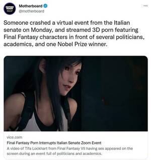 Italian Porn 3d Caption - Motherboard @ @motherboard Someone crashed a virtual event from the Italian  senate on Monday, and streamed porn featuring Final Fantasy characters in  front of several politicians, academics, and one Nobel Prize winner.