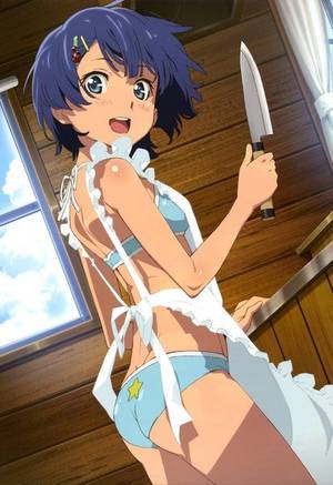 hentai girl in apron cooking - ... masayoshi tall image short hair blush open mouth highres light erotic  blue hair absurdres looking back official art cooking girl swimsuit  hairclip apron