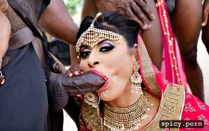 indian bride blowjob - Image of the standing beautiful indian bride in public takes a huge black  dick in the mouth and giving blowjob to the man get covered by cum all over  his bridal dress