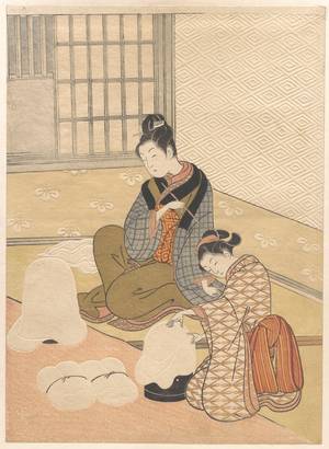 17th Century Japanese Sex - Colour print of two finely dressed Japanese women by a heater. The  wallpaper and other