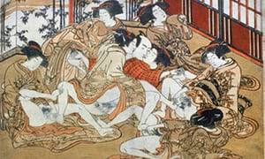 17th Century Japanese Sex - A shunga print showing a man in a house of prostitution attempting to  satisfy seven women