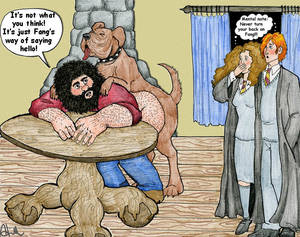 Hagrid Sex - e621 afro beard beige_skin bent_over bestiality black_hair blue_pants  blue_shirt blue_skirt blush breasts brown_fur brown_hair butt canine