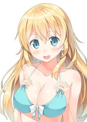 anime eyes - :d atago (kantai collection) bare shoulders bikini top blonde hair blush  breast suppress breasts cleavage female front-tie top green eyes hat hyuuga  azuri ...