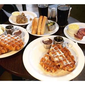 breakfast - ... breakfast food porn of the day! Waffles, powdered sugar, warm syrup,  chocolate, toast, ham & eggs, & country fried steak. What more could you  ask for?